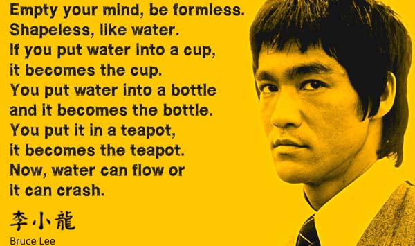 “Empty your mind, be formless, shapeless - like water. Now you put water into a cup, it becomes the cup, you put water into a bottle, it becomes the bottle, you put it in a teapot, it becomes the teapot. Now water can flow or it can crash. Be water, my friend.”