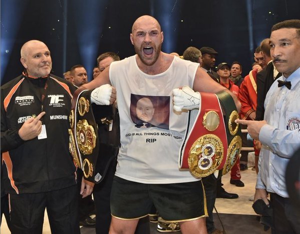 Fury has a lot of hardware after this win. Photo by BBC5 on Twitter.