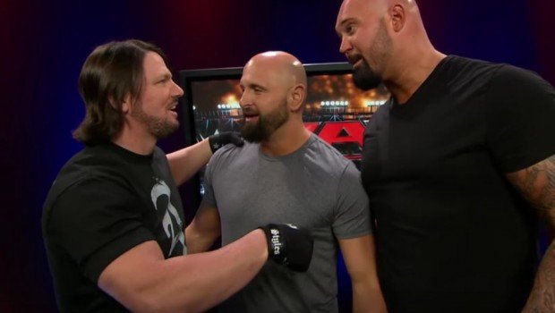 AJ Styles and his New Japan stablemates Karl Anderson and Doc/Luke Gallows greeted Cena on RAW. Screengrab by Dailywrestlingnews.com.