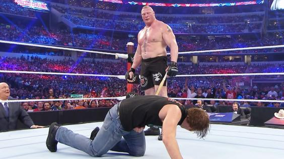 Lesnar was last seen at WrestleMania 32, beating up Dean Ambrose. Photo by WWE.com.