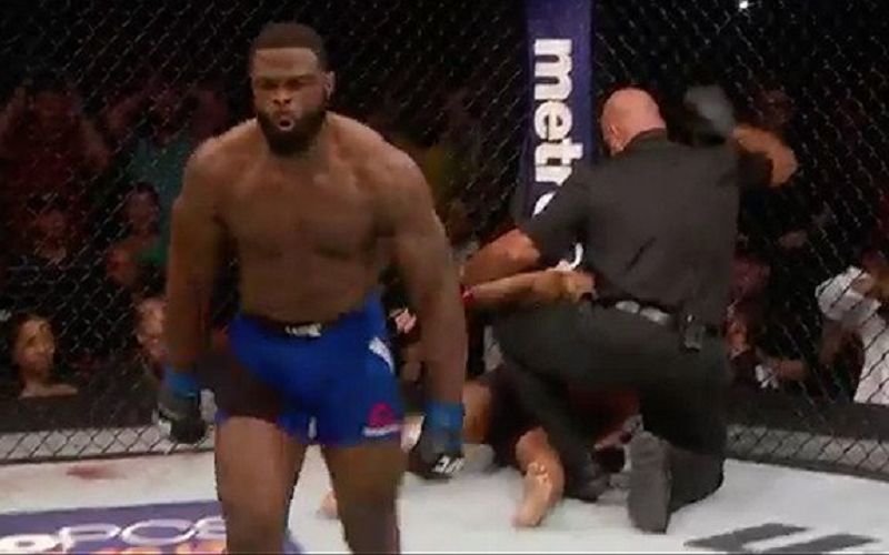 Tyron Woodley looked like a monster at UFC 201, cold-cocking Robbie Lawler in the first round. Screen grab by us.