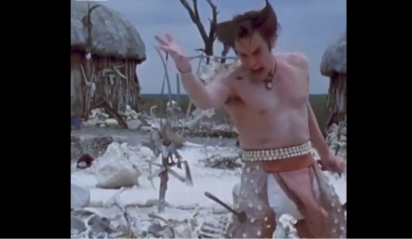 Jim Carrey's character 'Ace Ventura' with the spears in his legs. 