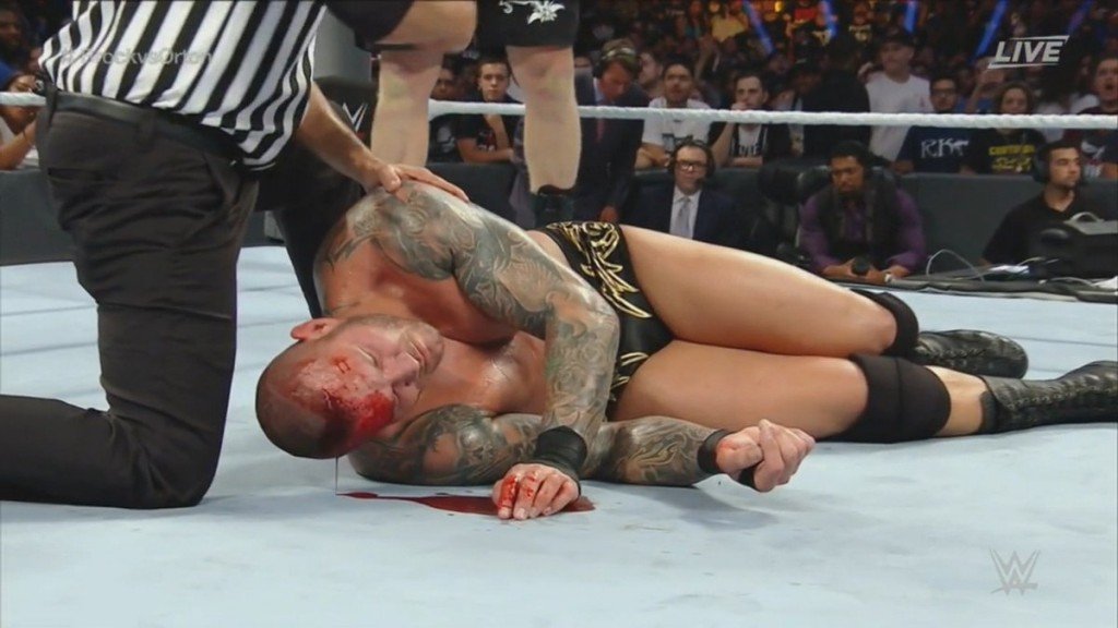 The WWE hates having blood on-screen during their broadcasts, so that puddle of Randy Orton probably didn't please Vince McMahon. Photo by WWE.