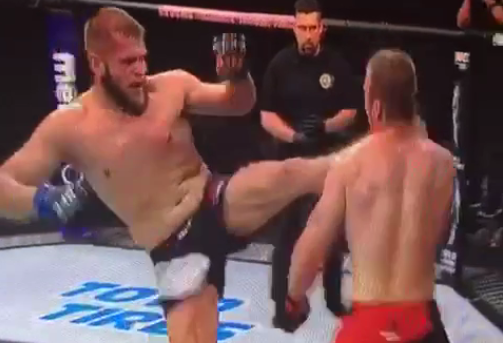 Polish bruiser Marcin Tybura probably won knockout of the night with this killer headkick. Screen grab by us.
