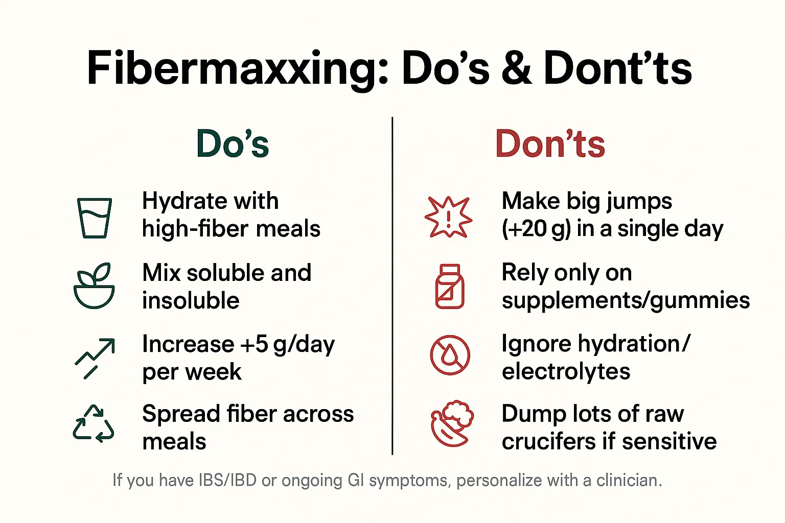 Fibermaxxing Do’s & Don’ts Fibermaxxing Do’s and Don’ts hydrate, mix fiber types, avoid big jumps