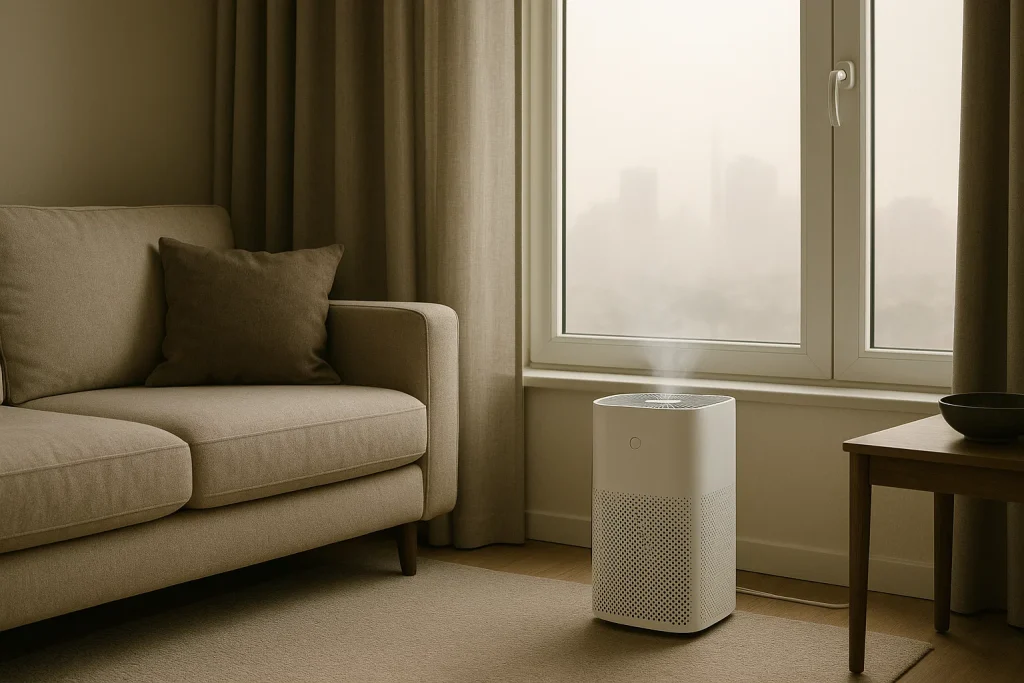 HEPA air purifier running near a closed window during wildfire smoke.