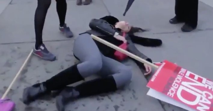 Woman Protester Knocked Out
