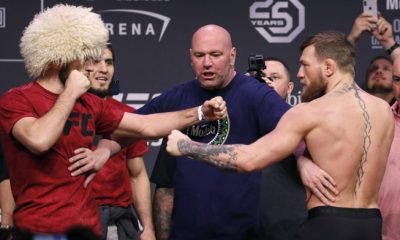 Conor McGregor, right, and Khabib Nurmagomedov during a weigh-in UFC 229 MMA Oct. 5, 2018