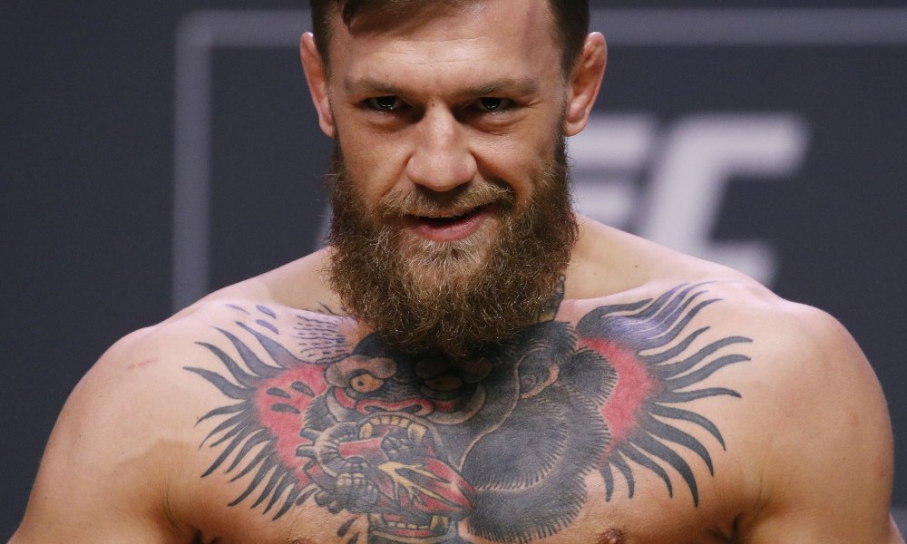 Conor McGregor poses during a ceremonial weigh-in for the UFC 229 