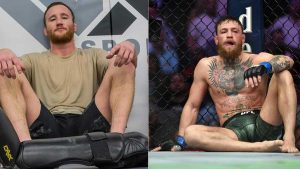 Justin Gaethje sitting with Conor Mcgregor next to him