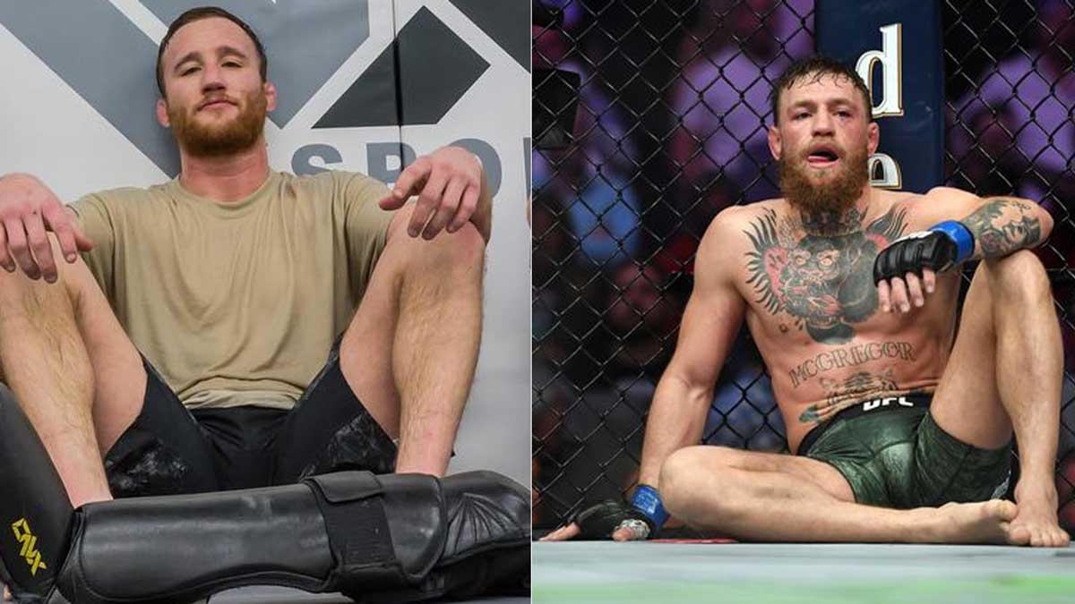 Justin Gaethje sitting with Conor Mcgregor next to him