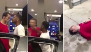Man who calls himself satan on in red shirt is knocked out by another man