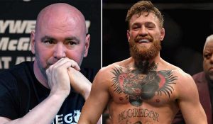 Dana White sitting at press conference and Conor McGregor Standing in Octagon