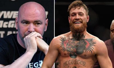 Dana White sitting at press conference and Conor McGregor Standing in Octagon