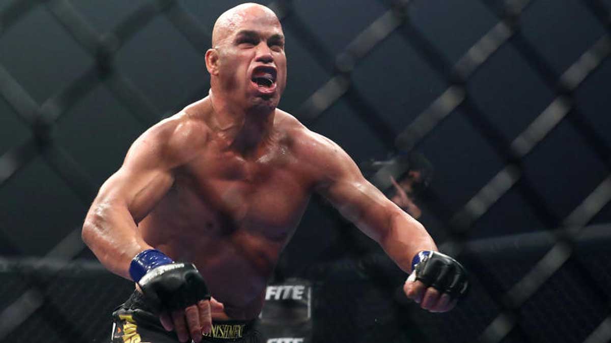 Tito Ortiz celebrates victory in the octagon