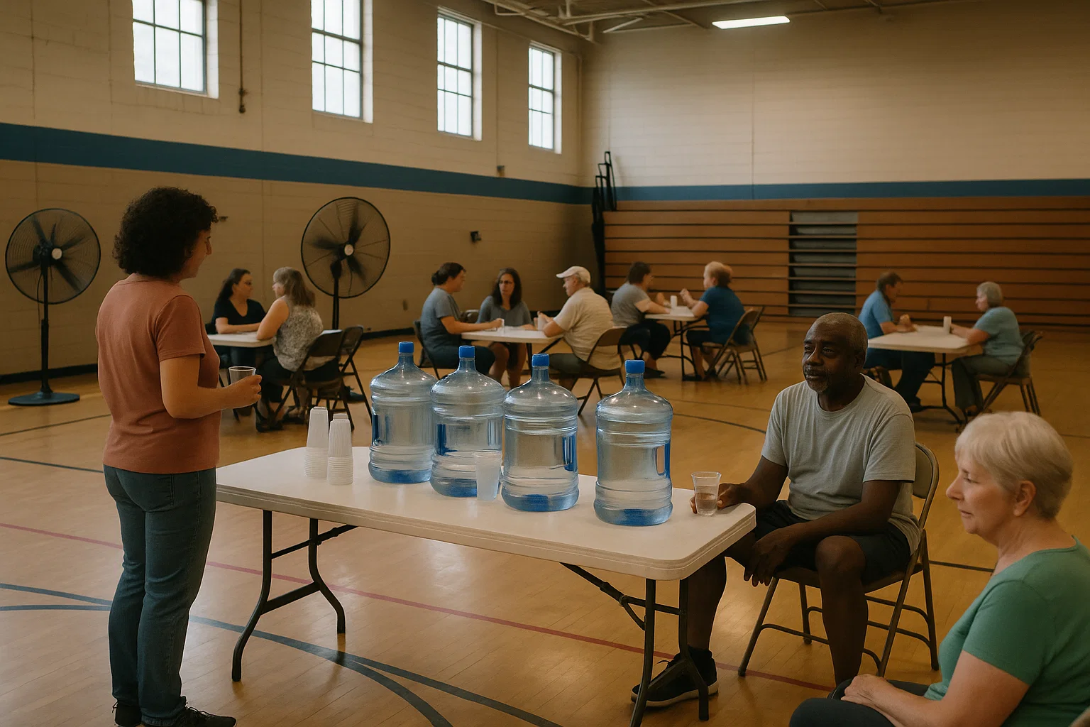 Community cooling center with water and fans during hot weather.