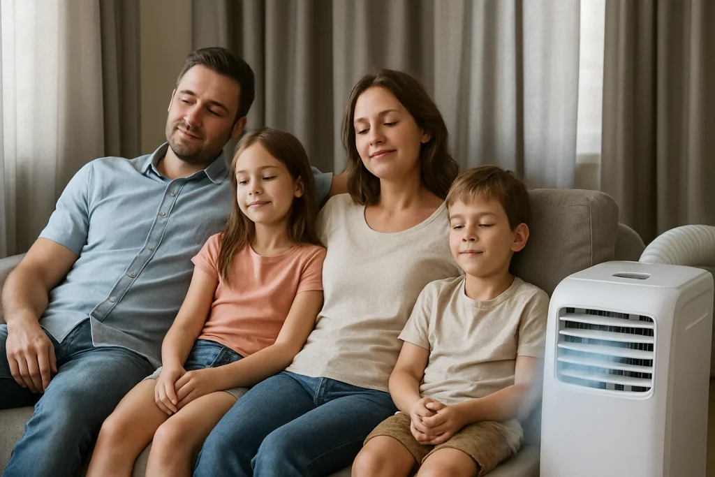 Family staying cool indoors with a portable air conditioner during a heat advisory