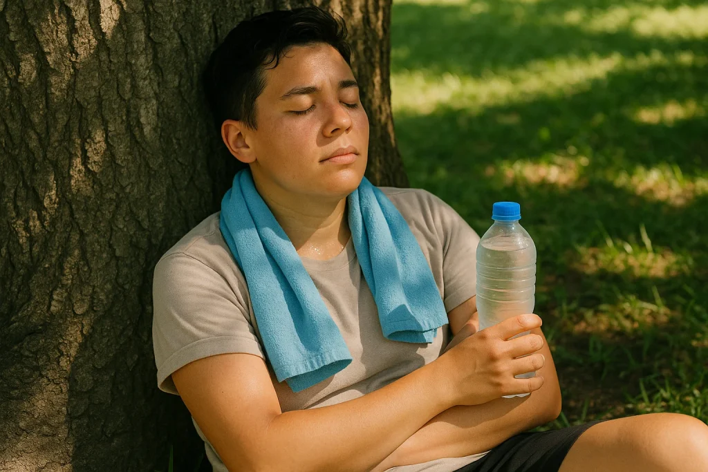 Person cooling off in the shade with water and a damp towel on a hot day