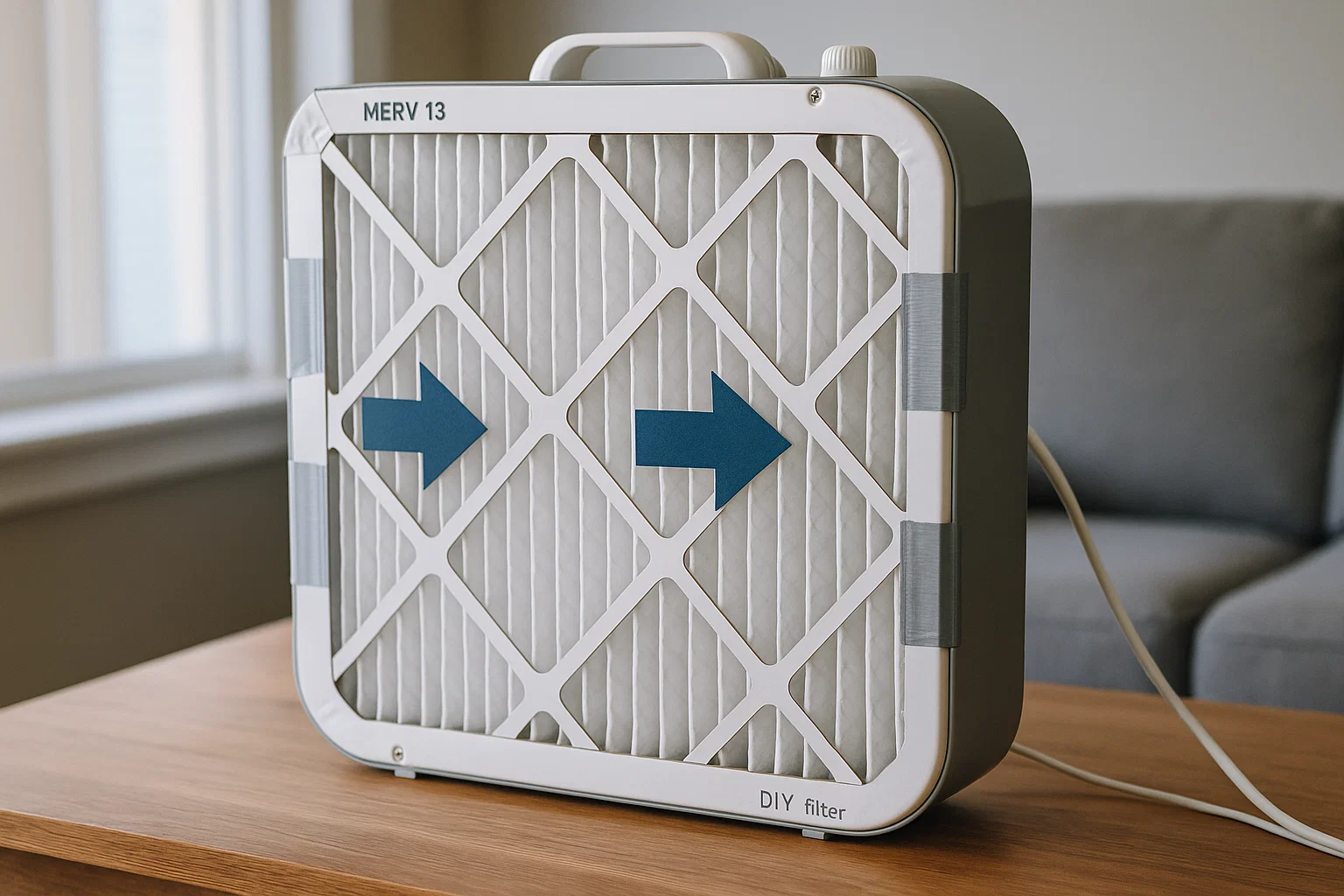 DIY box-fan air filter with a MERV-13 filter.
