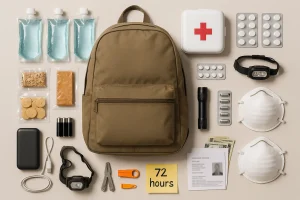 Flat-lay of 72-hour emergency go-bag essentials.