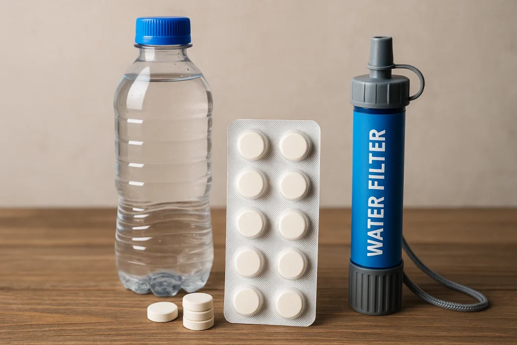 Emergency water purification kit with bottle, purification tablets, and a portable filter straw for emergency go back checklist