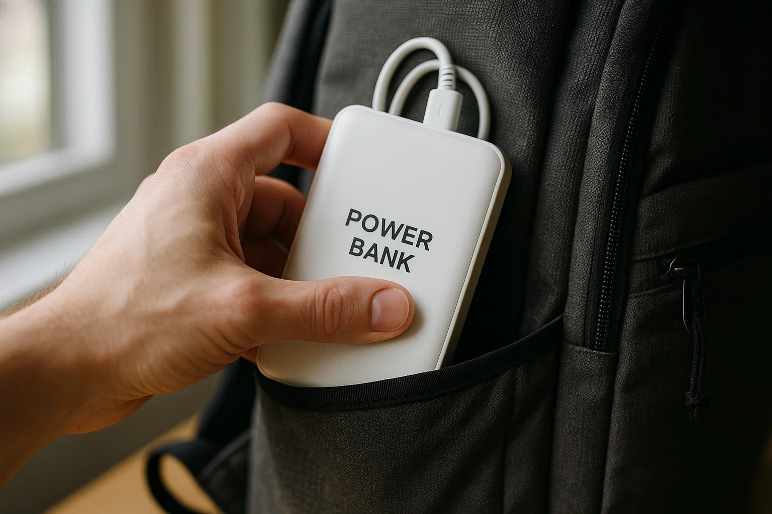 Power bank and charging cable being packed into a go-bag.