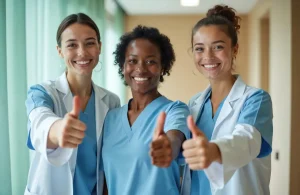Health Trends 2025 care team embracing 7 transformative shifts in healthcare. Smiling healthcare team giving thumbs up