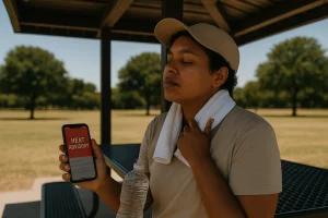 Cooling under shade with water and a cold towel during a heat advisory.