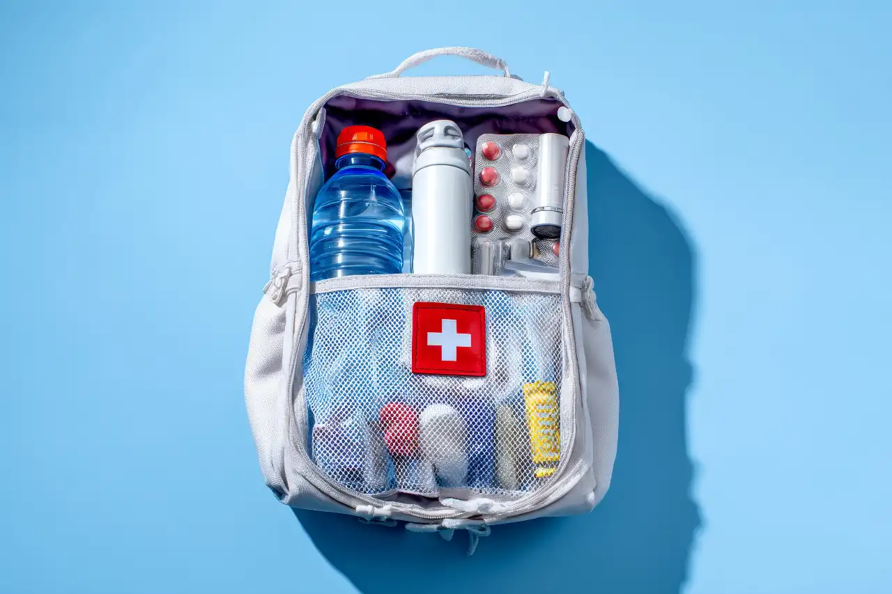 Flat-lay of a basic hurricane emergency kit with water, lights, and IDs are essential on your hurricane preparedness checklist.