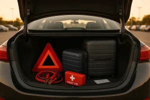 Packed trunk with a roadside emergency kit for holiday travel.