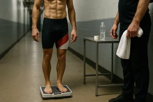 Fighter checks weight on a digital scale before the bout.