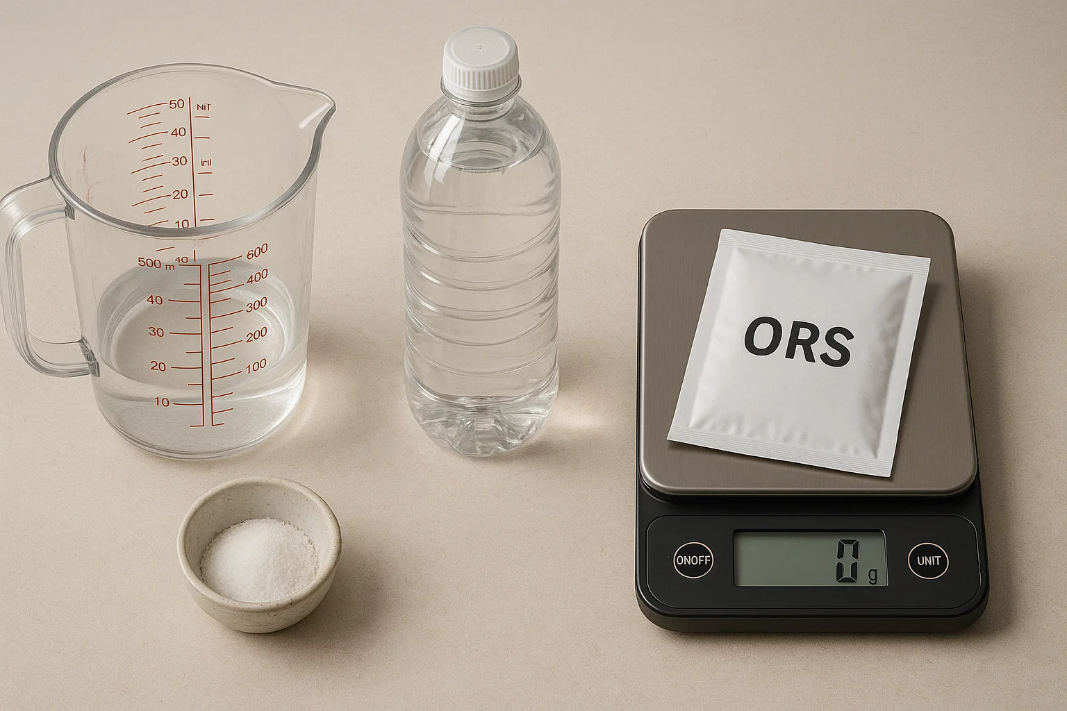 Simple rehydration kit with ORS, water, and salt.
