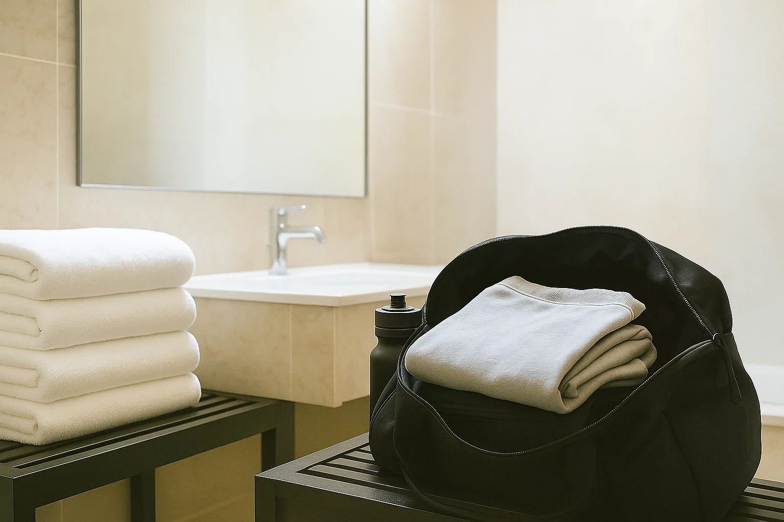 Towels and training gear prepared for a controlled weight-cut session.
