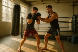 Beginner practicing Muay Thai stance with coach guidance