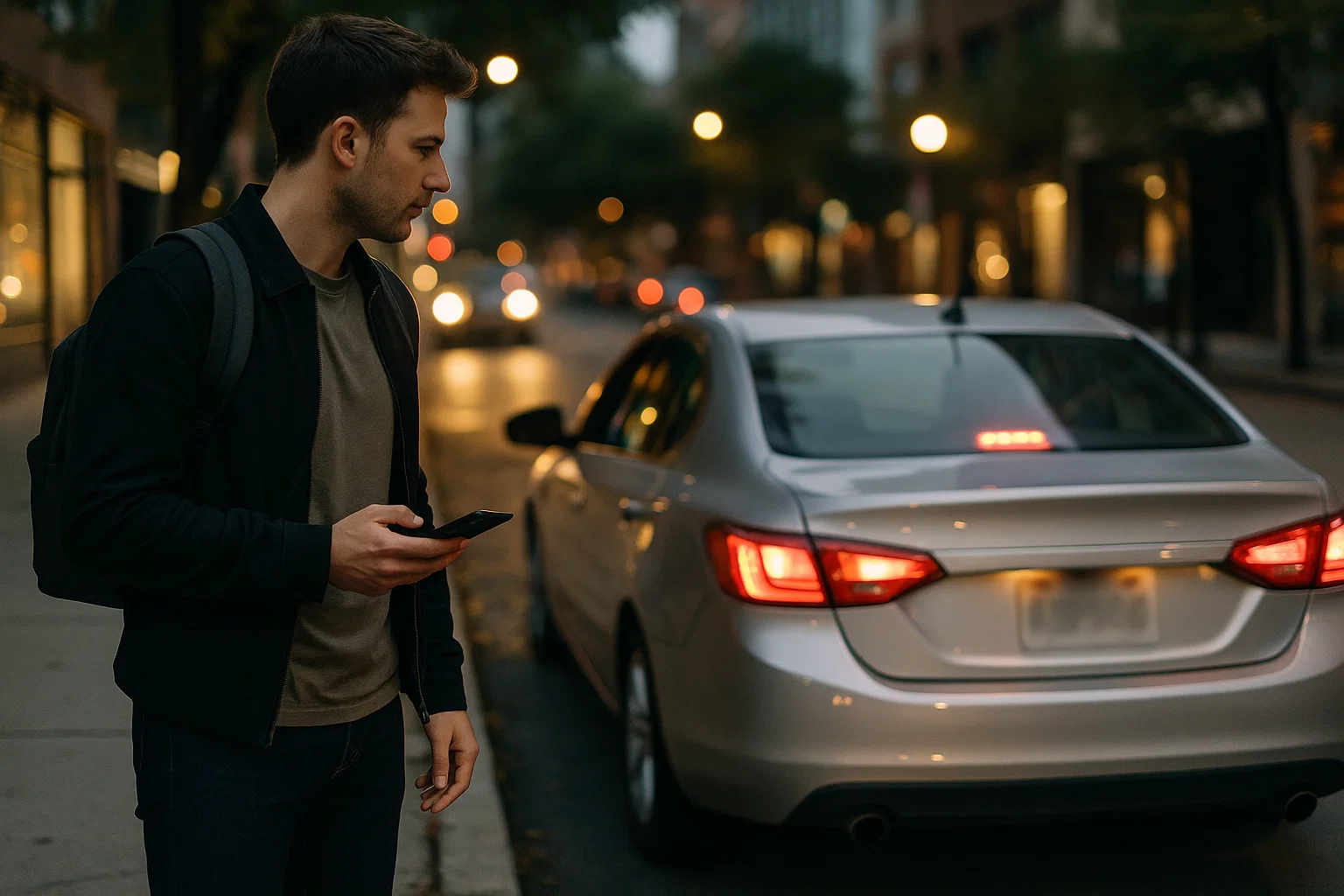 Passenger concerned with rideshare safety verifying the rideshare license plate before getting in very.