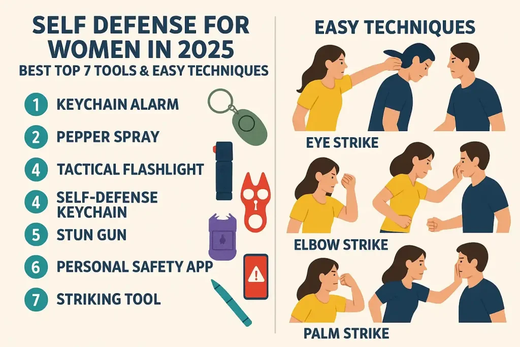 Infographic showing top self-defense tools and easy techniques for women in 2025