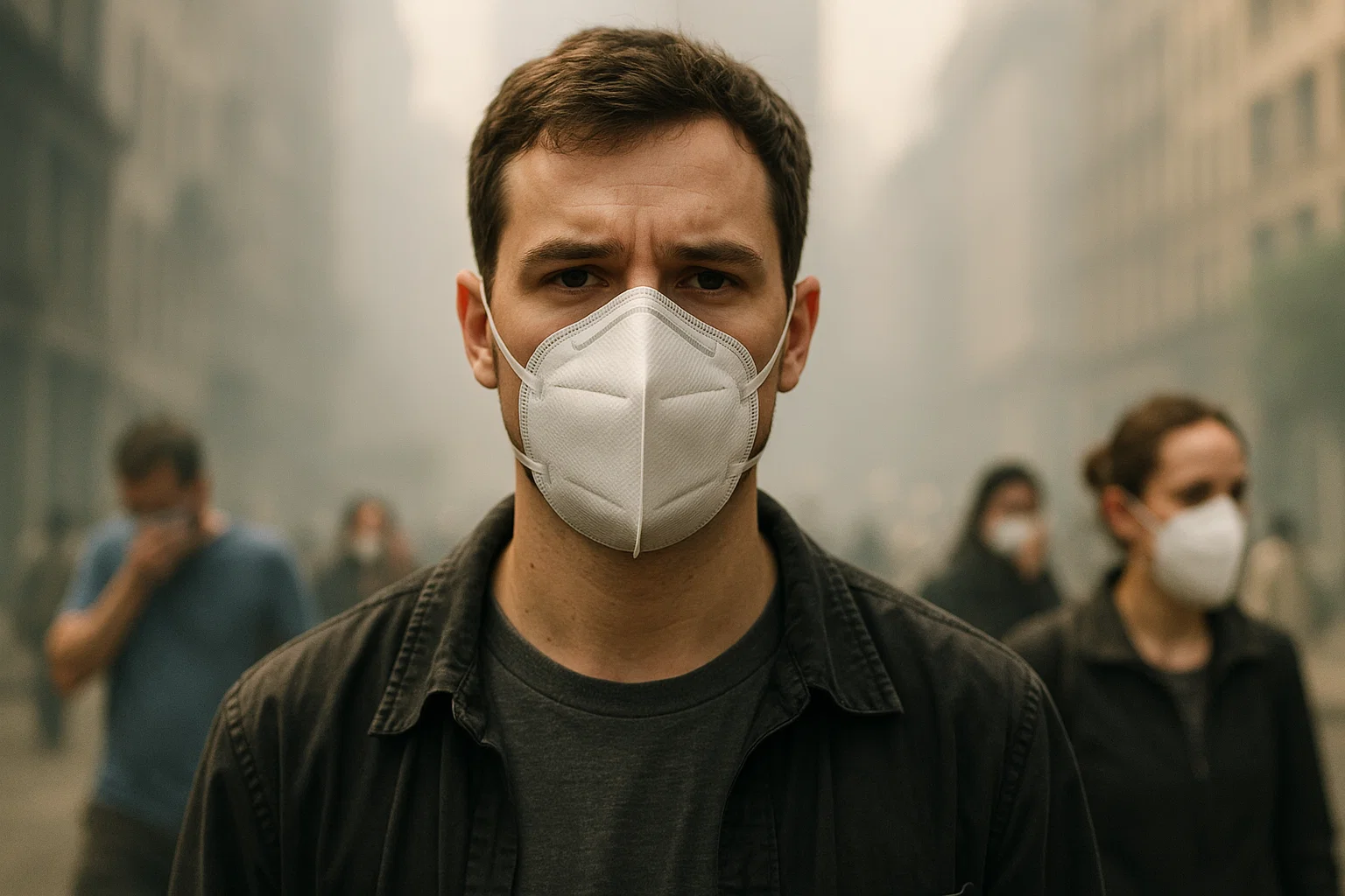 Person wearing a fitted N95 mask on a smoky street.