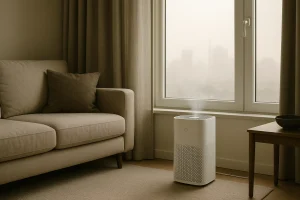 HEPA air purifier near a closed window during wildfire smoke.